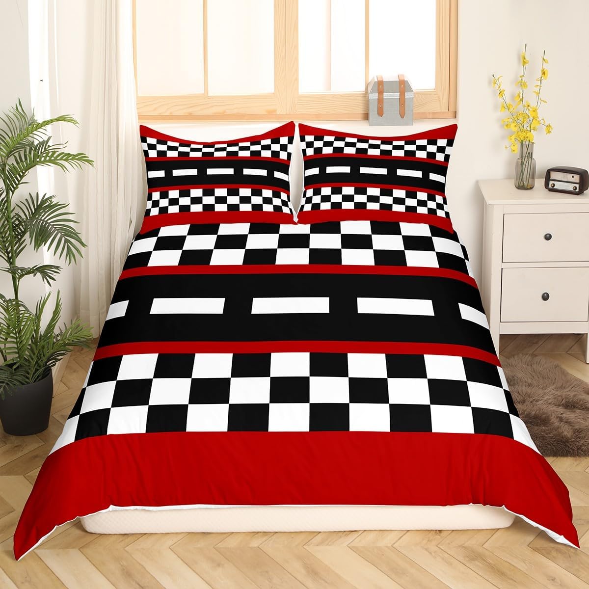 Racing Track Black White Grid Duvet Cover Queen Size Extreme Sports Comforter Cover for Teens Adults Race Car Bedding Set 3 Pcs Decorative Bed Cover(Comforter Not Included)