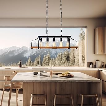 5-Light Modern Kitchen Island Light, Ceiling Light Pendant Chandelier Adjustable Height, Industrial Pendant Lighting Hanging Chandelier Fixture for Hall Foyer, Entryway Dining Room, Black
