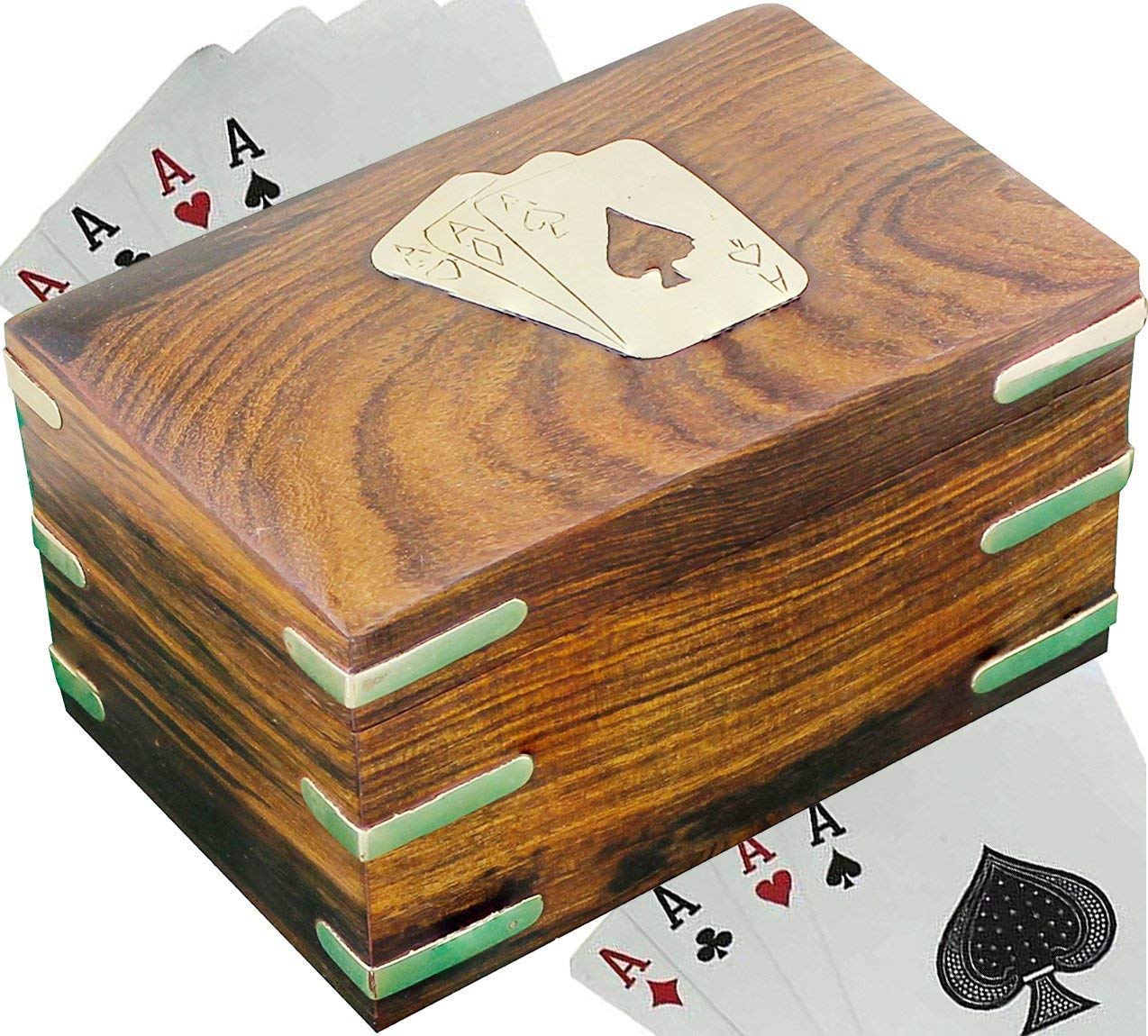 ZYNTIX Handmade Wooden Playing Card Case Double Deck Holder Organizer for Poker Three Brass Card Inlaid