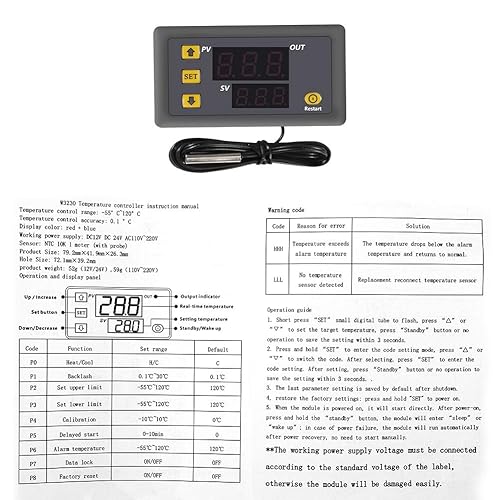 Miniatura 6 de W3230 DC 12V 20A LED Controlador de Temperatura Digital Termostato Termostato Control de Temperatura Interruptor Sensor Medidor (DV12V)) 12 V