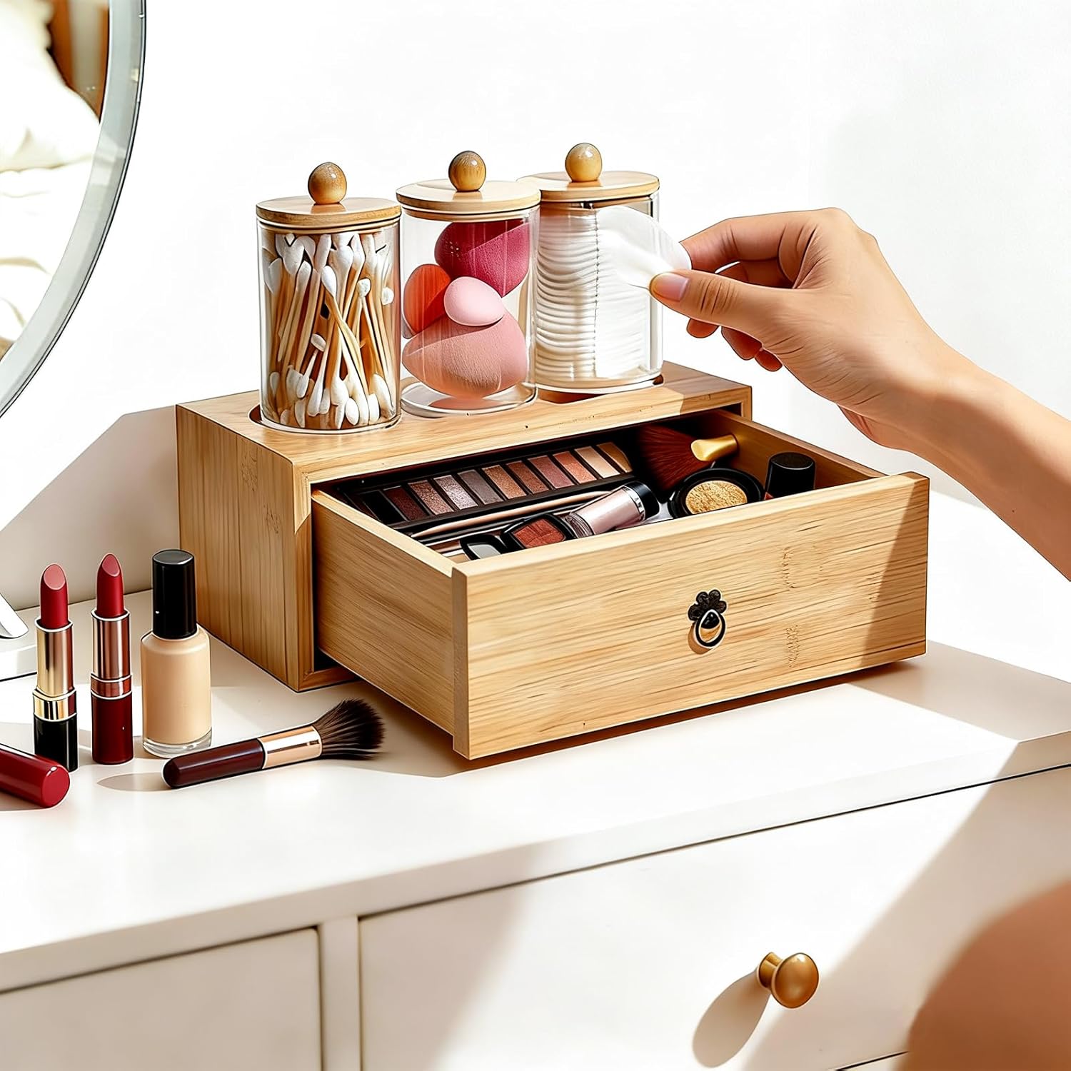 GNILLKO 3 Pack Qtip Holder Bathroom Set, Cotton Ball and Qtip Holder with Tray Drawer, Bathroom Jars with Lids Set for Cotton Ball Round Swab Pad Hair Ties Floss Perfume Jewelry