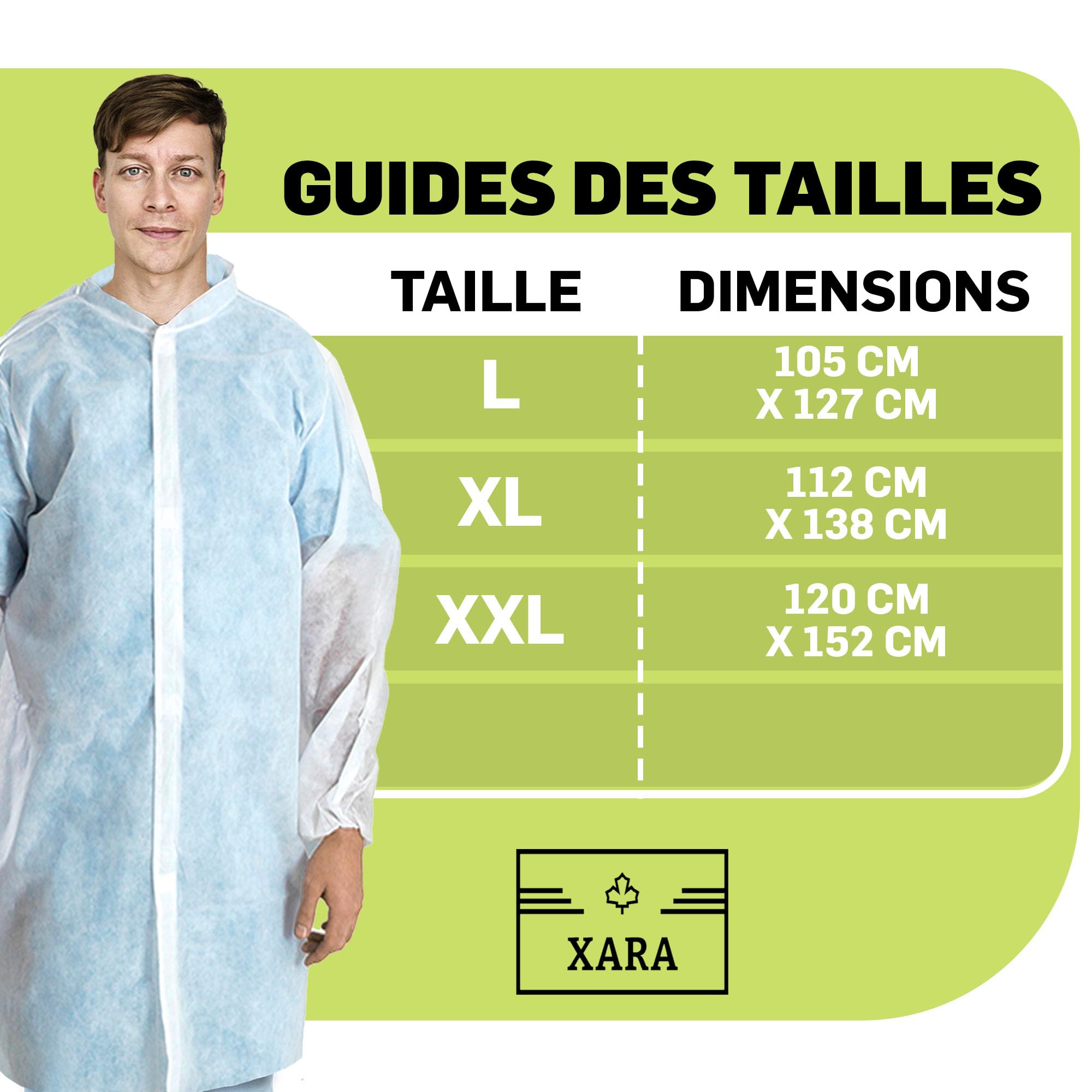 XARA Blouses Jetables Medical TNT avec Fermeture par Contact de 35 g - Lot 10 - Surblouse Jetable Respirant et Résistant - Protection et Hygiène - Taille Unique L - 105x127CM - Couleur Blanc
