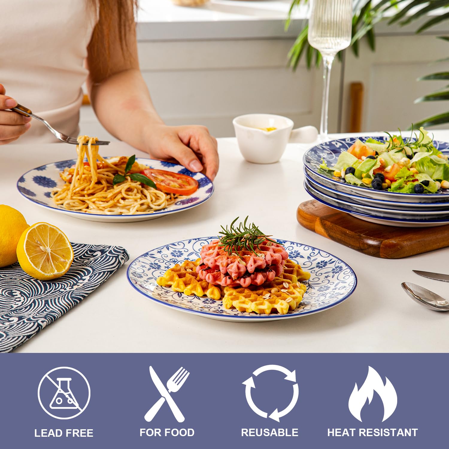 Lot de 6 petites assiettes à salade rondes en céramique de 21,6 cm pour cuisine, dîner, pâtes, apéritif, sandwich, porcelaine résistante aux rayures, passe au micro-ondes, au four et au
