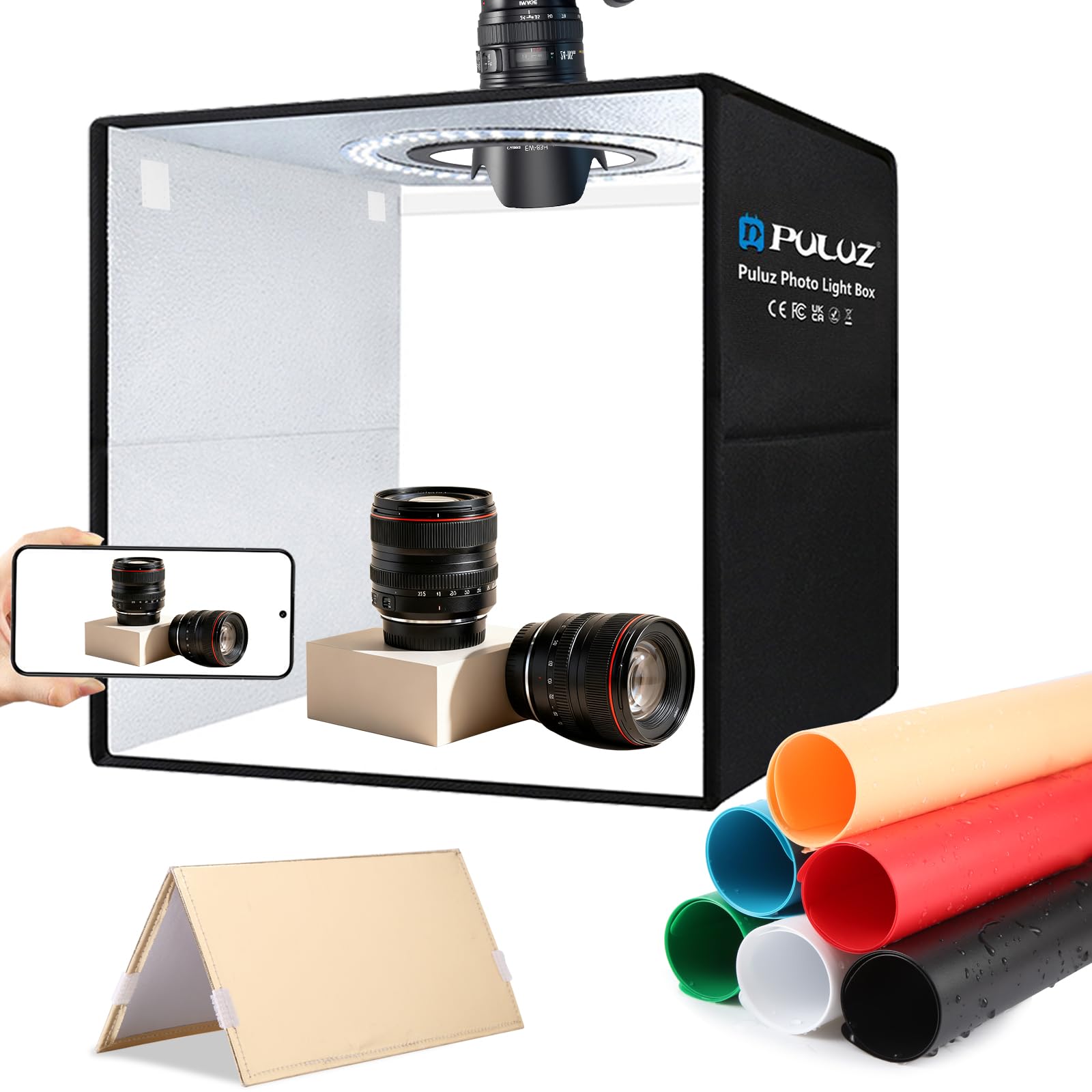 PULUZ Photo Light Box Portable Photo Studio Light Box Foldable Photo Box with Soft Light Cloth and 12 Color Backgrounds, (‎12"x12")