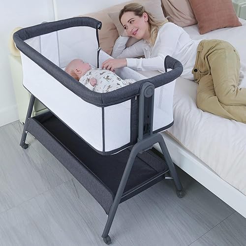 ANGELBLISS Cuna para bebé con moisés, cuna de cama con cesta de almacenamiento y ruedas, fácil de plegar, cuna portátil con altura ajustable para