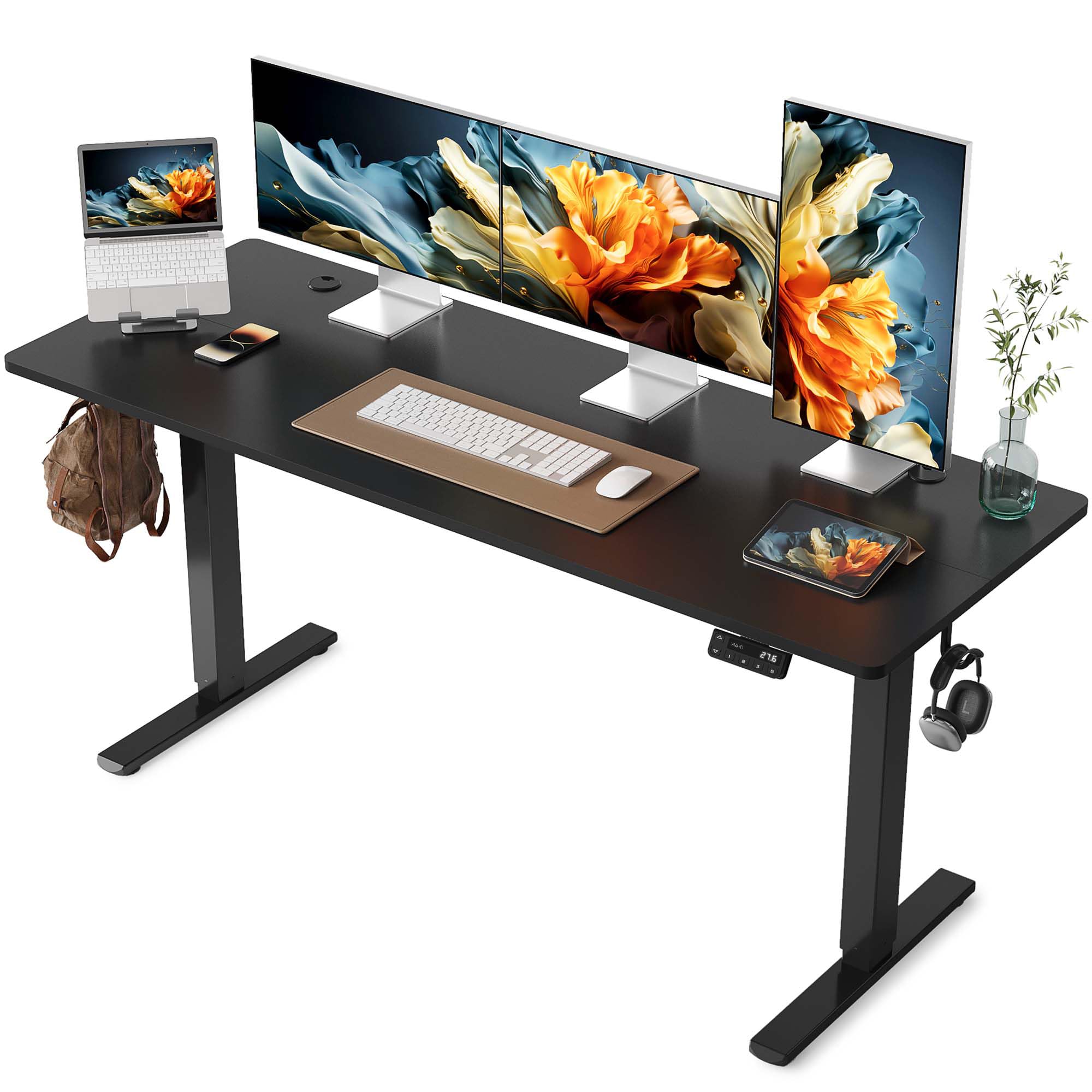 YIHAYO Electric Standing Desk, 63 x 24 Inches Stand Up Desk with Splice Board, Adjustable Height Desk, Computer Desk for Home Office, Black Frame/Black Top