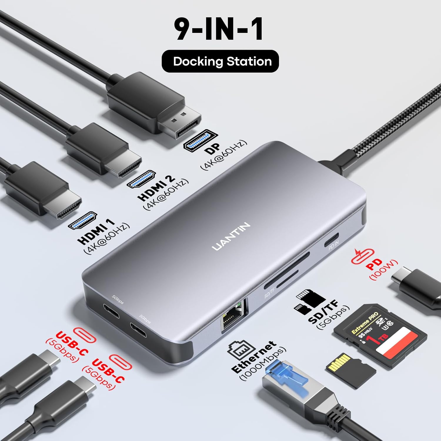 USB C Docking Station Dual Monitor, Laptop Docking Station 3 Monitors Triple 4K 60Hz Display with 2 HDMI, DisplayPort, 1Gbps Ethernet, 100W PD, 2 USB-C Data, USBC Dock for Dell, HP, Lenovo, etc