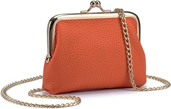 Cute Small Coin Purse & Credit Card Holder for Women Fashion Crossbody Chain Wallet Leather Coin Pouch Change Purse for Cash Key Orange