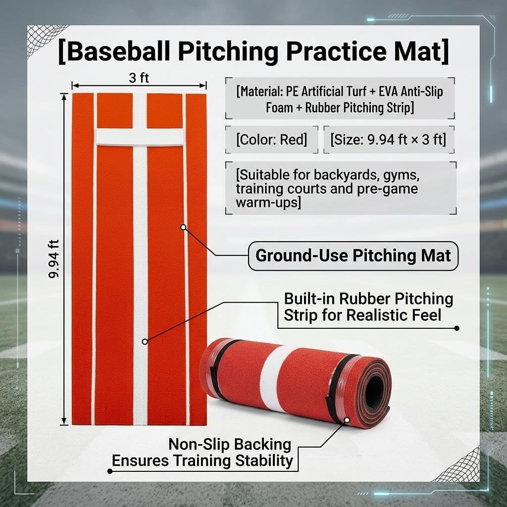 9.94 × 3FT Softball Pitching Mat, PE Artificial Turf Softball Pitching Mound, Baseball Training Mat with Built-in Prbber Pitching, for Backyards, Gyms, Training Courts, Red