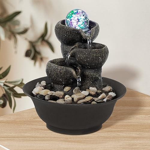 Ferrisland Fuente de mesa pequeña fuente de cascada de relajación - Fuente de agua moderna de 3 pasos con bola LED para decoración de escritorio de