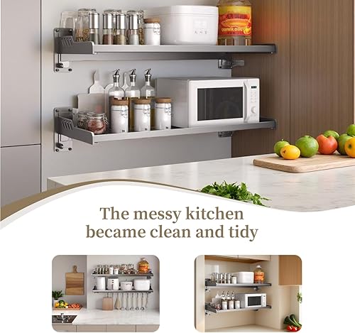 Miniatura 5 de Organizador de cocina montado en la pared, estante para especias para microondas, resistente y fácil de instalar (grande)