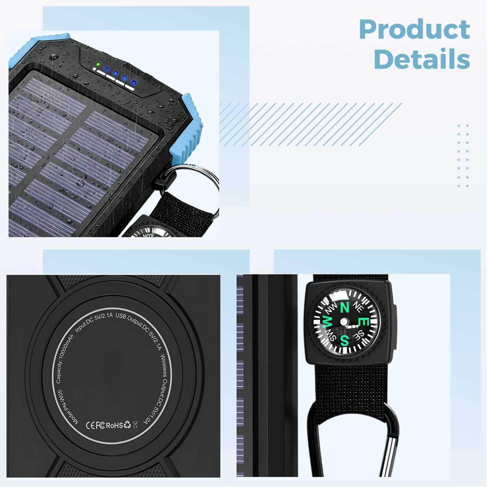 Solar Power Bank 10000mAh, IP66 impermeabile caricabatterie wireless portatile, dispositivo di ricarica rapida, bussola e doppia torcia a LED, 14,6 x 7,6 x 2 cm per emergenza esterna