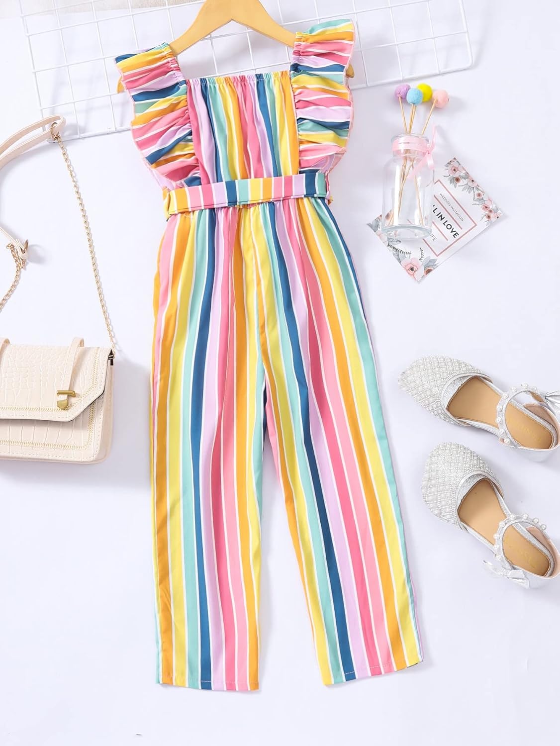 WDIRARA Toddler Girl's Striped Tie Front Ruffle Trim Sleeveless Square Neck Belted Jumpsuit: Clothing, Shoes & Jewelry