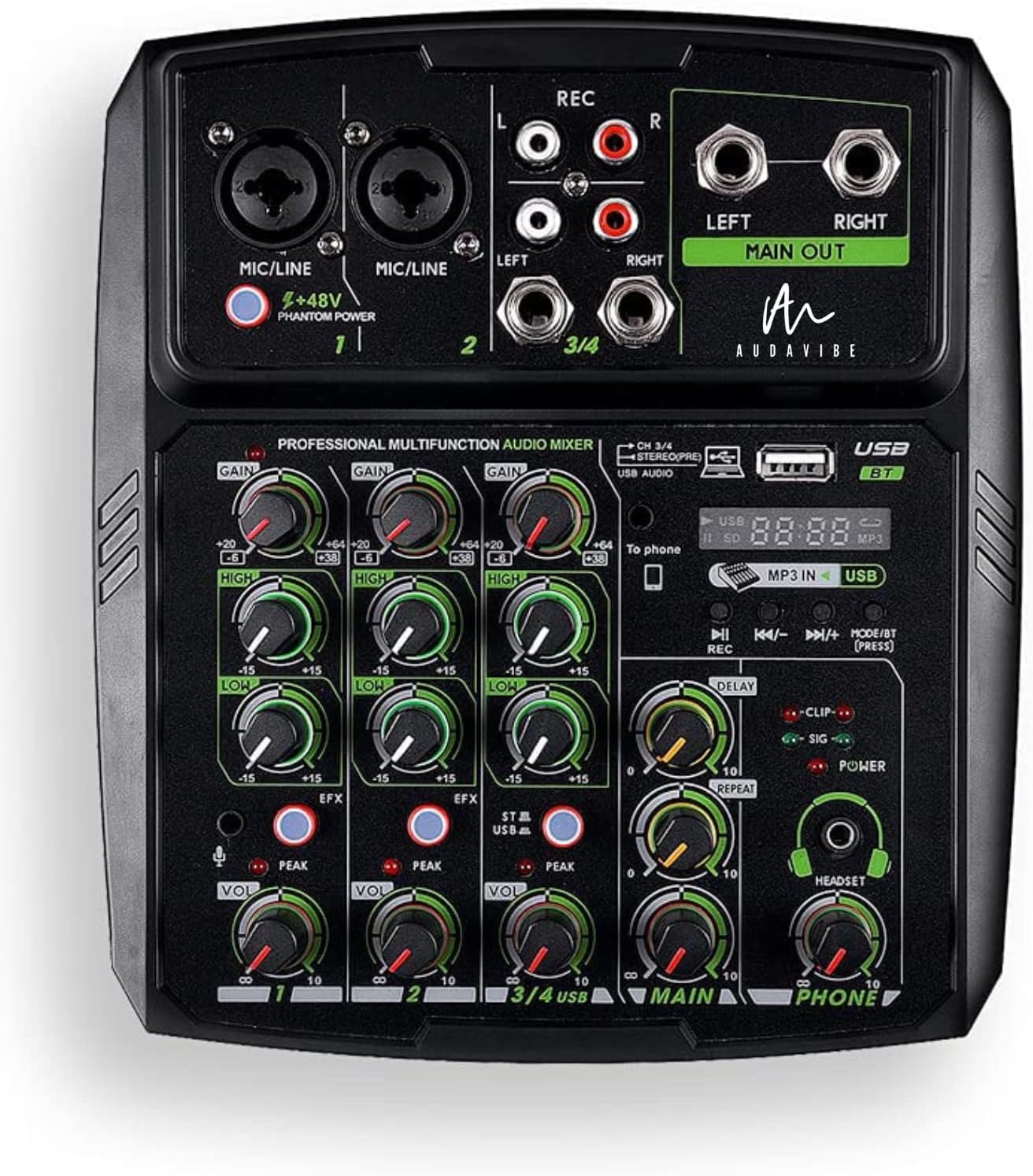 Audavibe Professional Audio Mixer, Free Podcast Learning Course - 4 Channels, USB input, Bluetooth, 3.5mm Headphone input, Phone Live out, 48V Phantom. (B4 Audio Mixer)
