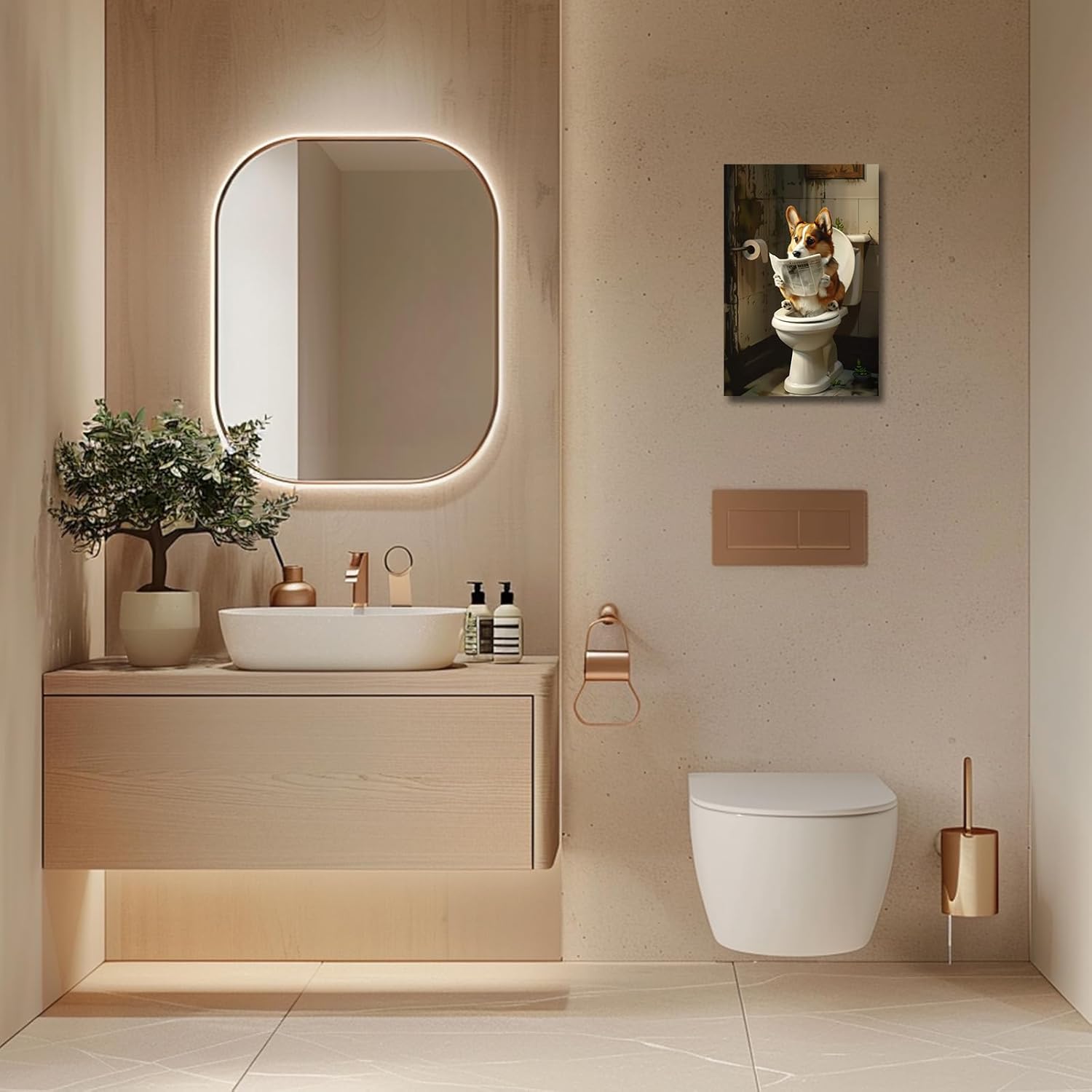 PBXBJY Bathroom Corgi Wall Art Funny Dog Bathroom Decor Corgi on Toilet Poster Prints Cute Animal Canvas Artwork for Restroom Toilet Wall Decor Framed (16.00" x 24.00")