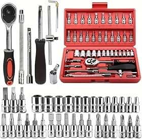 Kit Ferramentas 46 Peças com Chave Catraca 1/4", Soquetes Métricos Allen e Torx, Barra Extensora, Aço Cromo Vanádio – Maleta Compacta para Reparos Automotivos, Oficina e Uso Doméstico - Premium