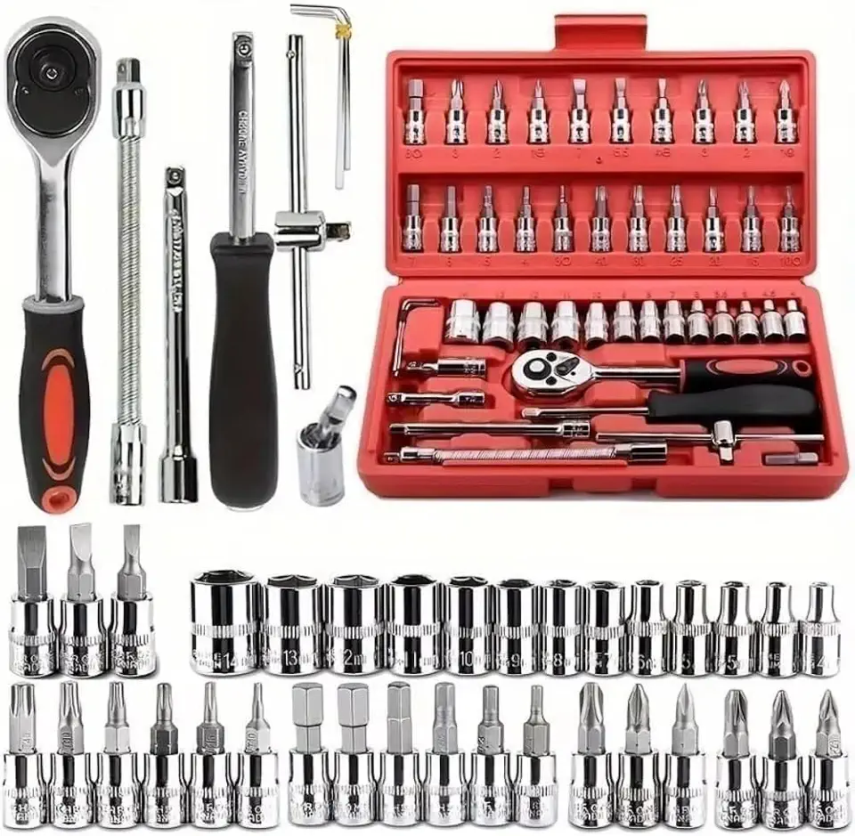 Kit Ferramentas 46 Peças com Chave Catraca 1/4", Soquetes Métricos Allen e Torx, Barra Extensora, Aço Cromo Vanádio – Maleta Compacta para Reparos Automotivos, Oficina e Uso Doméstico - Premium