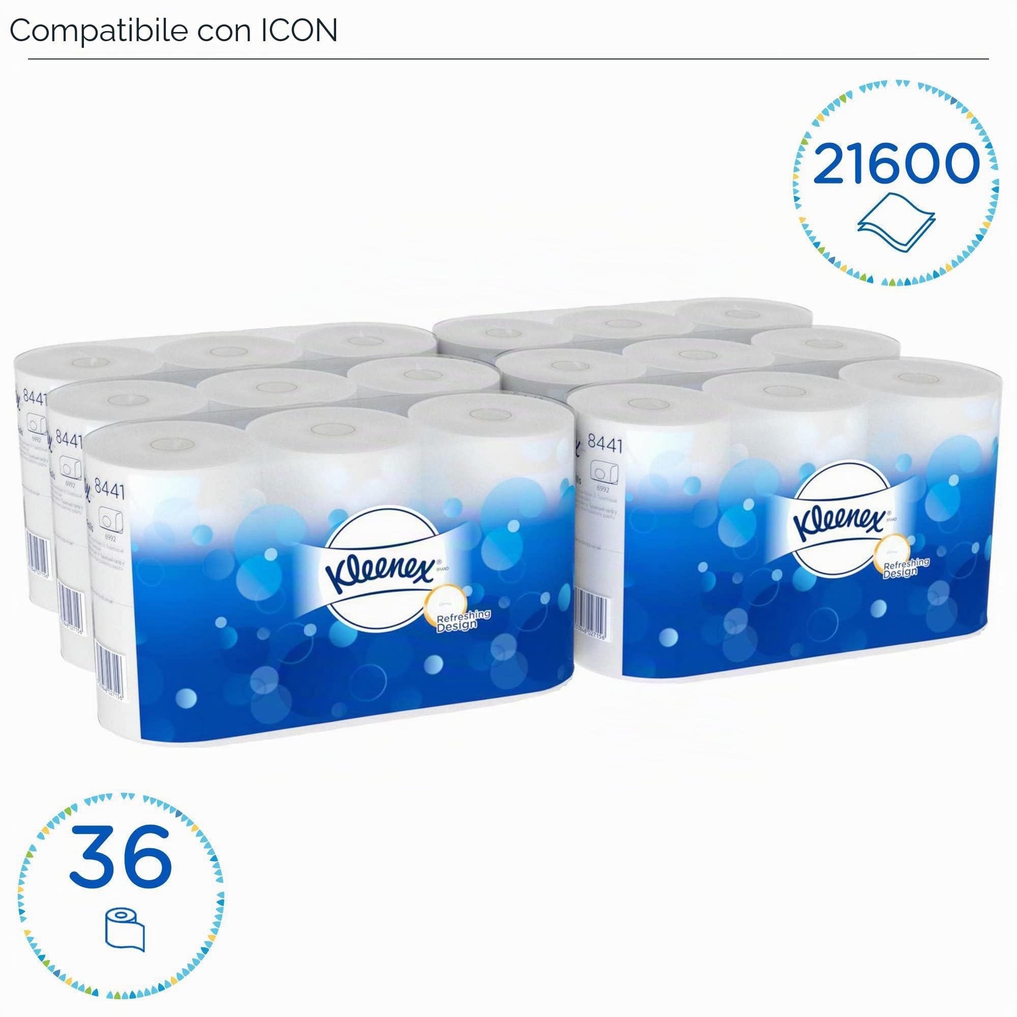 Kleenex Rotolo standard di carta igienica 8441-36 rotoli x 600 strappi a 2 veli, colore bianco (21.600 strappi)
