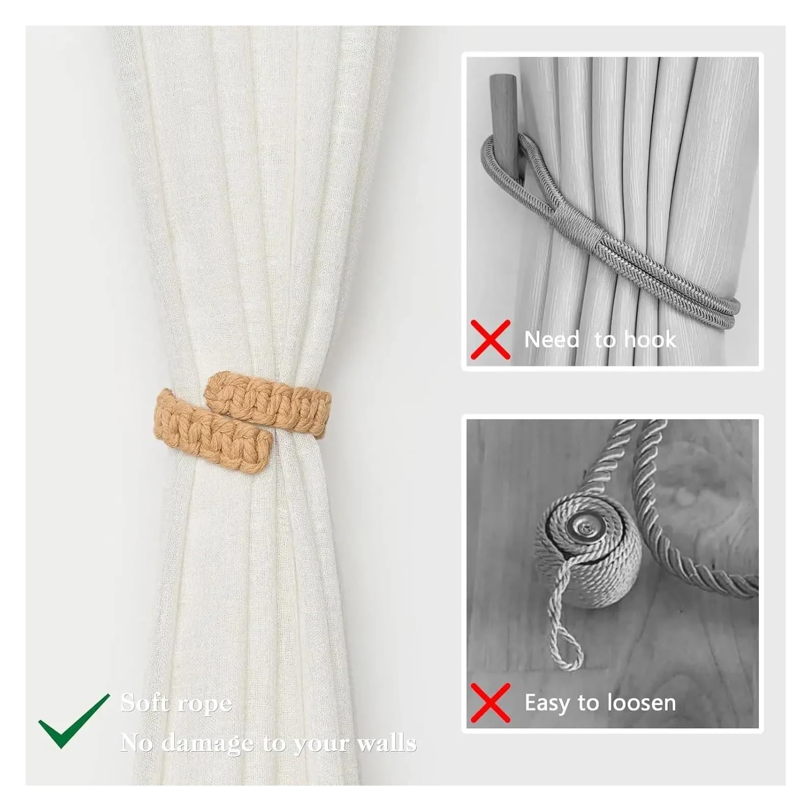 Embrasse pour Rideaux Embrasses de Rideaux en Jute tressé, Corde décorative, tissée, à Suspendre, for la Maison(Grey-16PCS)
