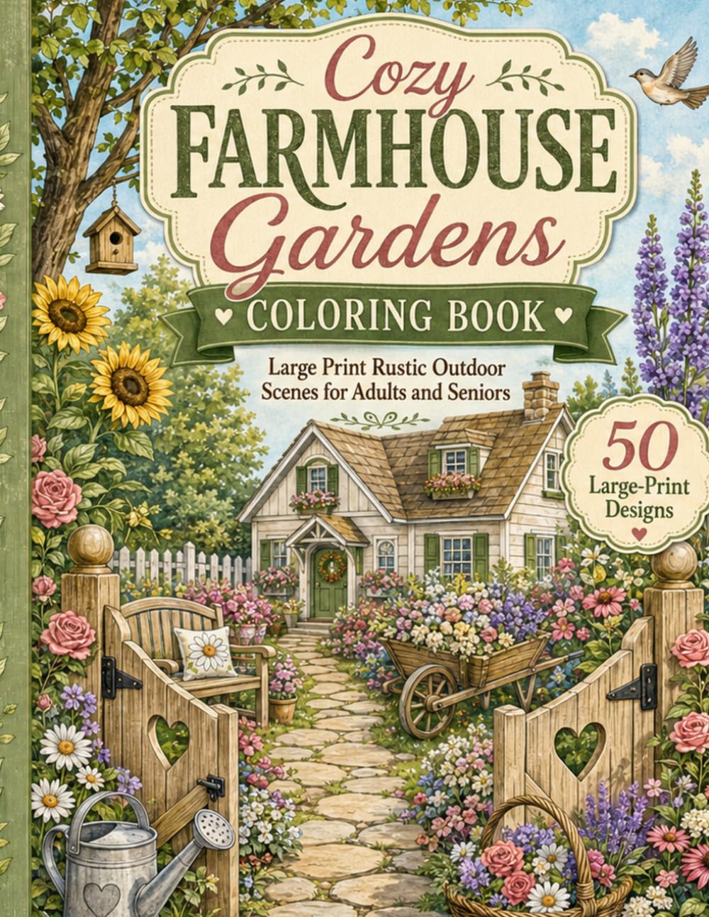 Cozy Farmhouse Gardens Coloring Book for Adults and Seniors: 50 Large Print Rustic Outdoor Scenes with Cottages, Flowers, Garden Paths, Farmhouse Porches, Birds, and Relaxing Country Landscapes