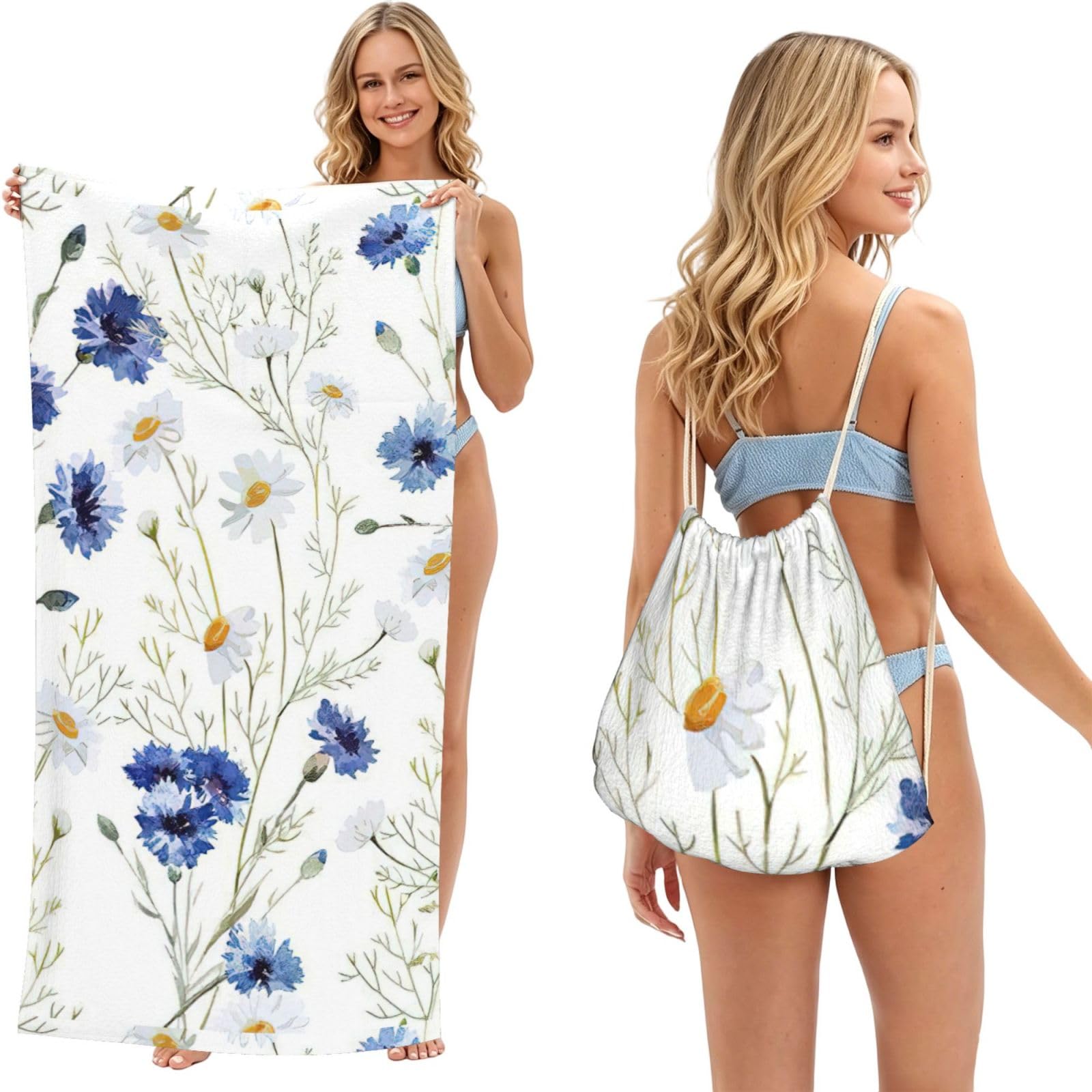 aacxzff Wild Flowers and Cornflowers Daisies Print 2 in 1 Packable Towel Bag, Drawstring Beach Towel Backpack,80x160cm for Beach trips