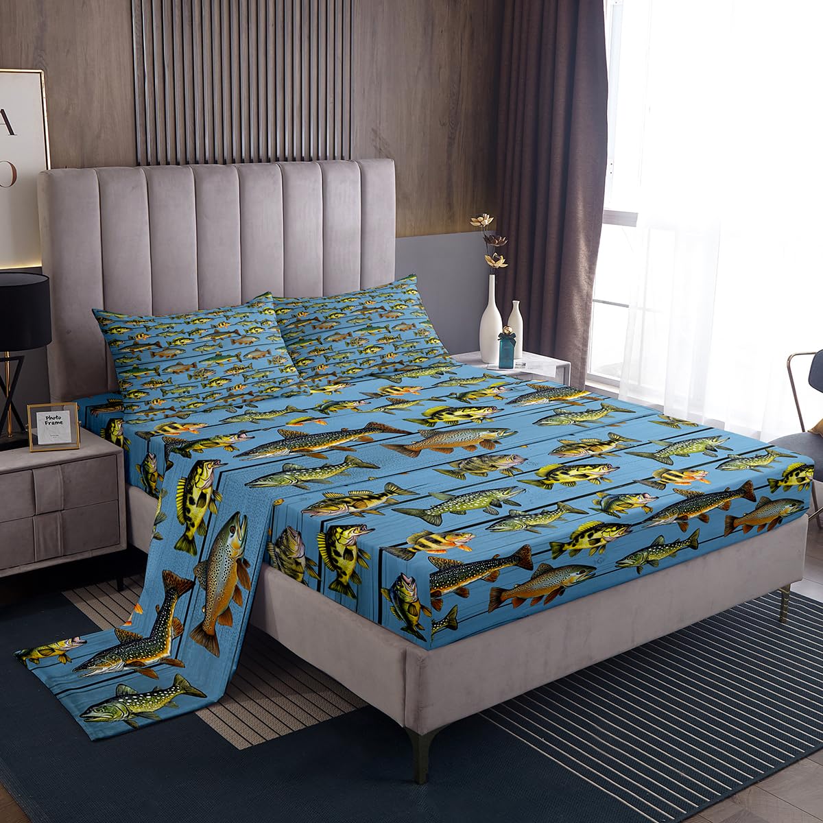 Homewish Juego de sábanas de caza y pesca, juego de sábanas de peces para niños, niñas y hombres, juego de ropa de cama rústica con tablones de madera azul, sábanas bajeras encimeras vintage de granja