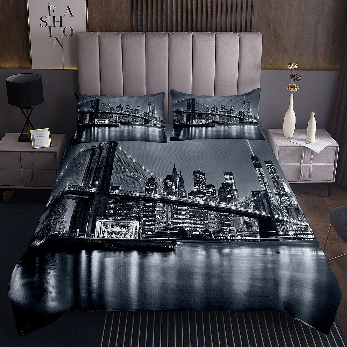 Feelyou Brooklyn Bridge Bedspread Kids New York City Black and White Coverlet Famous Town Image Bedding Cover Decor Bedroom Collection 3Pcs Queen Size
