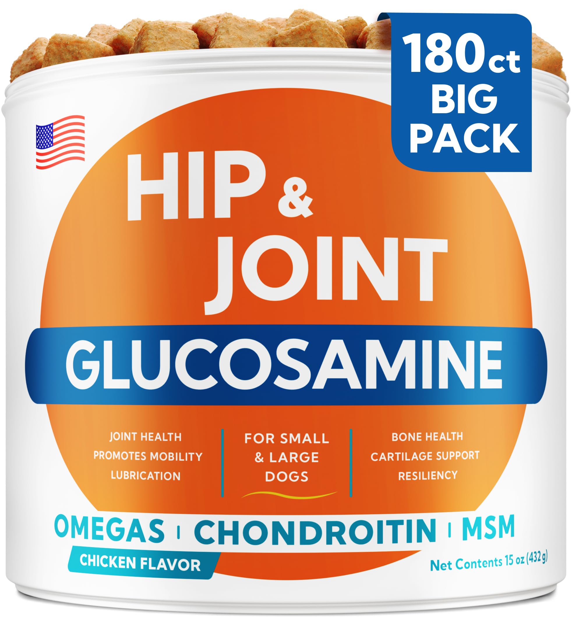 Glucosamine for Dogs Hip & Joint Supplement - Chondroitin, Omega-3, MSM - Joint Health & Pain Relief - Senior & Large Dogs - Made in USA - 180 Mobility Chews