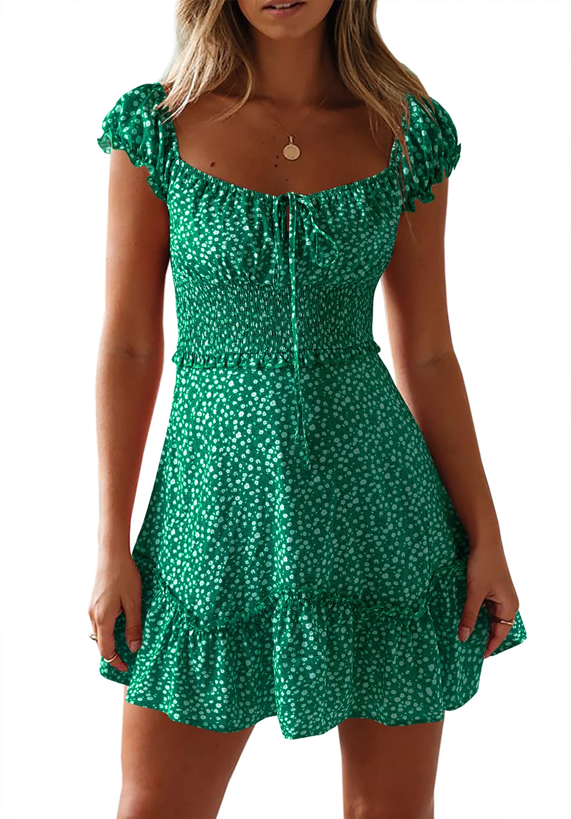 Womens Summer Floral Sundress Ruffle Sleeve Sweetheart Short Mini Dresses | Sun Dress, Sexy, Flowy, Print, Smocked Waist, Western Boho, Beach, Date Night, Country Concert