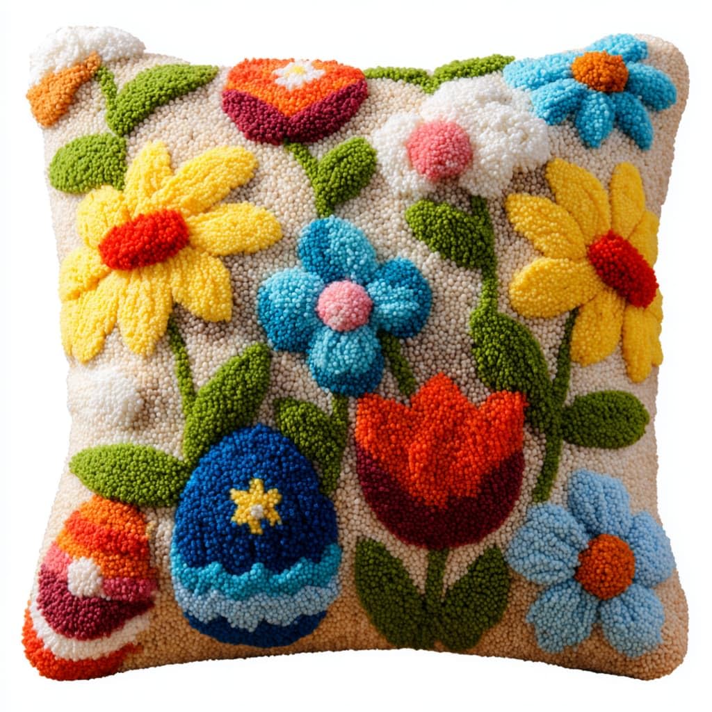 Latch Hook Cushion Kit,Flower, Easter Egg Diy Throw Pillow Cover 43X43Cm