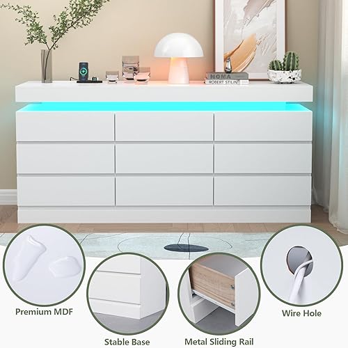 Miniatura 6 de Cómoda de 9 cajones con toma de corriente, cómoda con luz LED, cómoda moderna para armario, gabinete organizador de cajones doble ancho para