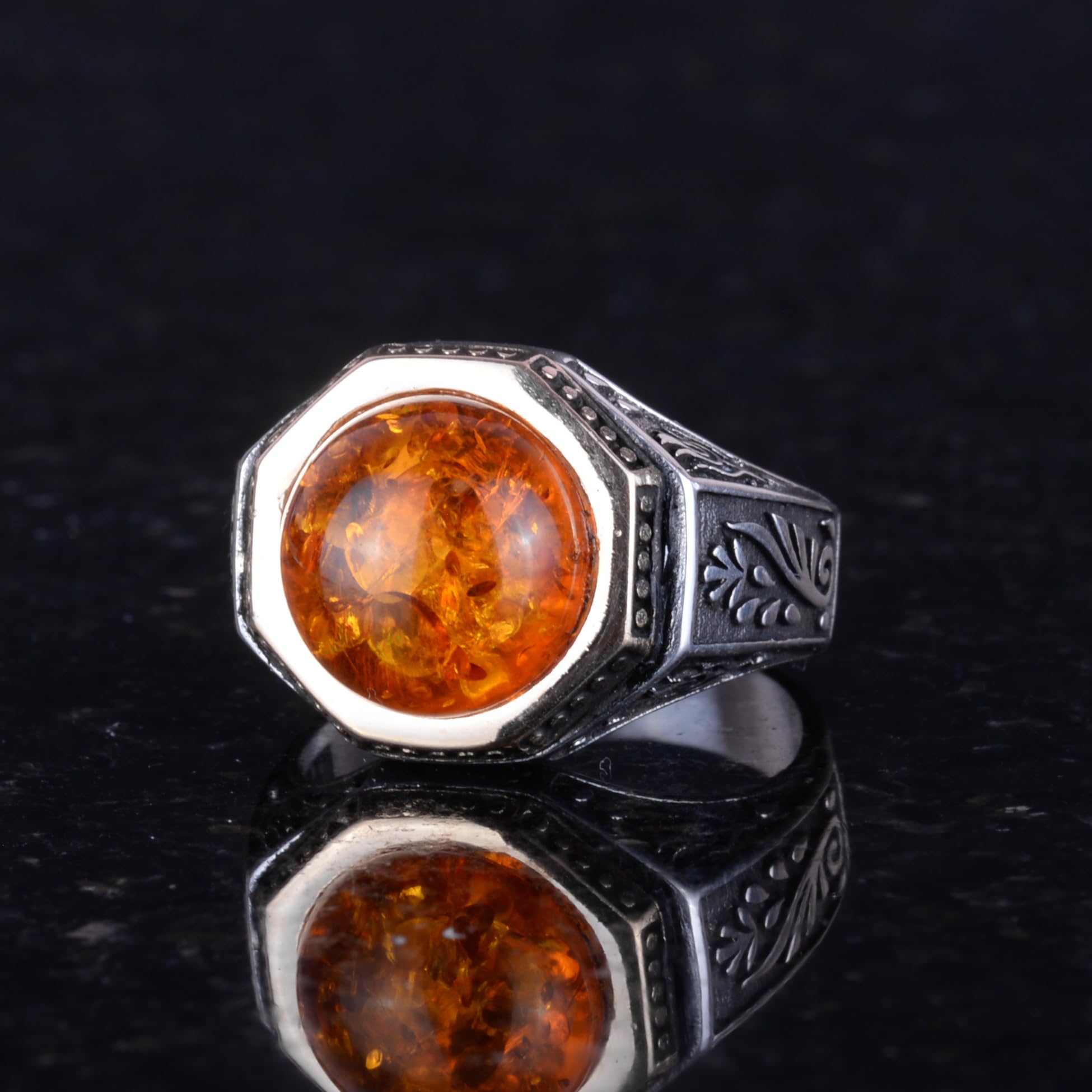 925 Sterling Silber Herren Ring mit Bernstein geschaffener Stein - Minimalistischer Ring für Männer, Silber, Bernstein, Silber, Bernstein