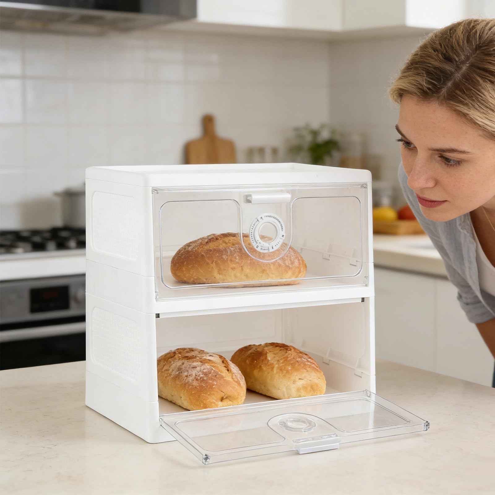 Scatola per Pane in Plastica a Doppio Strato con Timer, Conservazione Freschezza e Visibilità Totale, Organizer per Alimenti da Cucina per Uso Casalingo