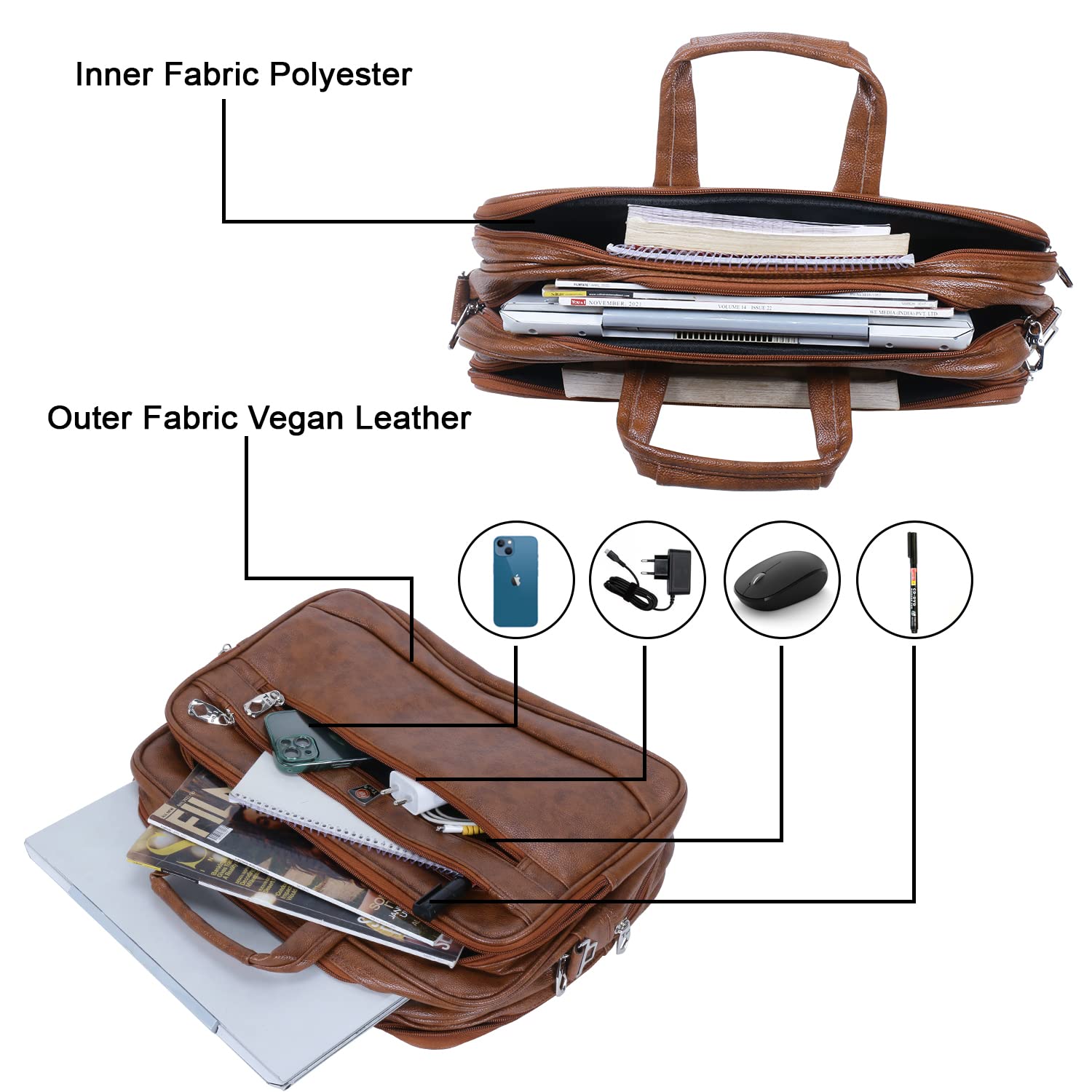 Synthetic Leather Elegant messenger bag Office Bag Briefcase Laptops/Tablet for men and women with multiple compartments and an expandable bottom Tan Colour(16 inch) 14 71Nmv1T5owL. SL1500