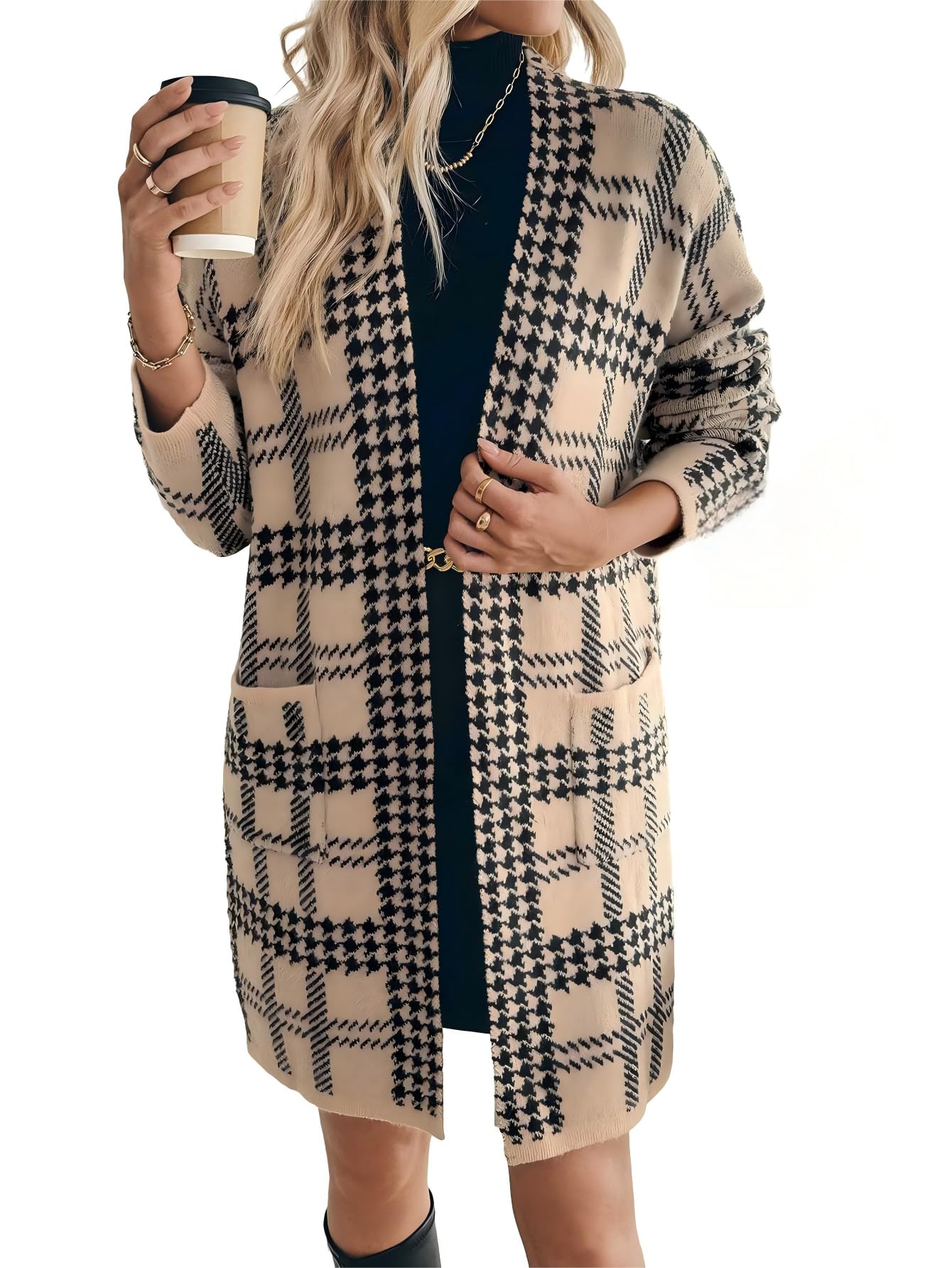 SunnyMelody Womens Houndstooth Long Cardigan 2025 Fall Winter Loose Fit Open Front Outwear Casual Plaid Sweaters Cardigans