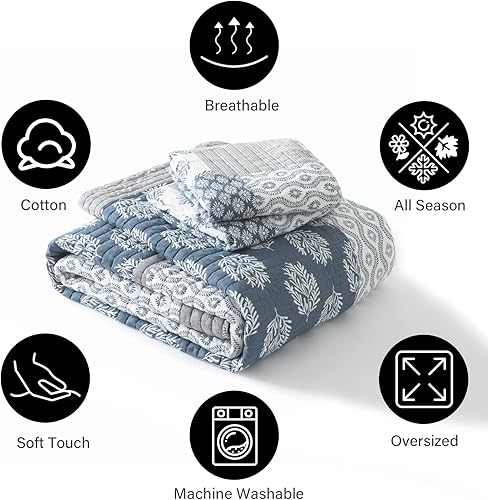 Vista 6 de PANGUSHAN Juego de edredón tamaño Queen, juego de ropa de cama 100% algodón, colcha floral reversible de retazos para cama Queen, colcha de cama