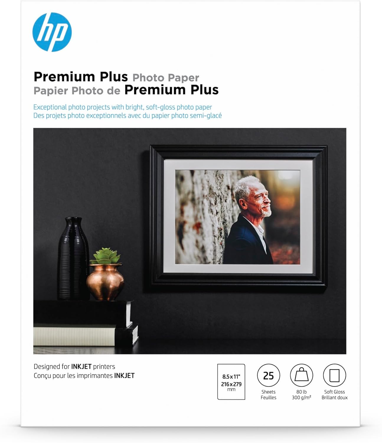 HP Premium Plus Photo Paper for Inkjet Printers, Soft Gloss, Letter Size (8 1/2" x 11"), 80 Lb., Pack of 25 Sheets (CR671A)