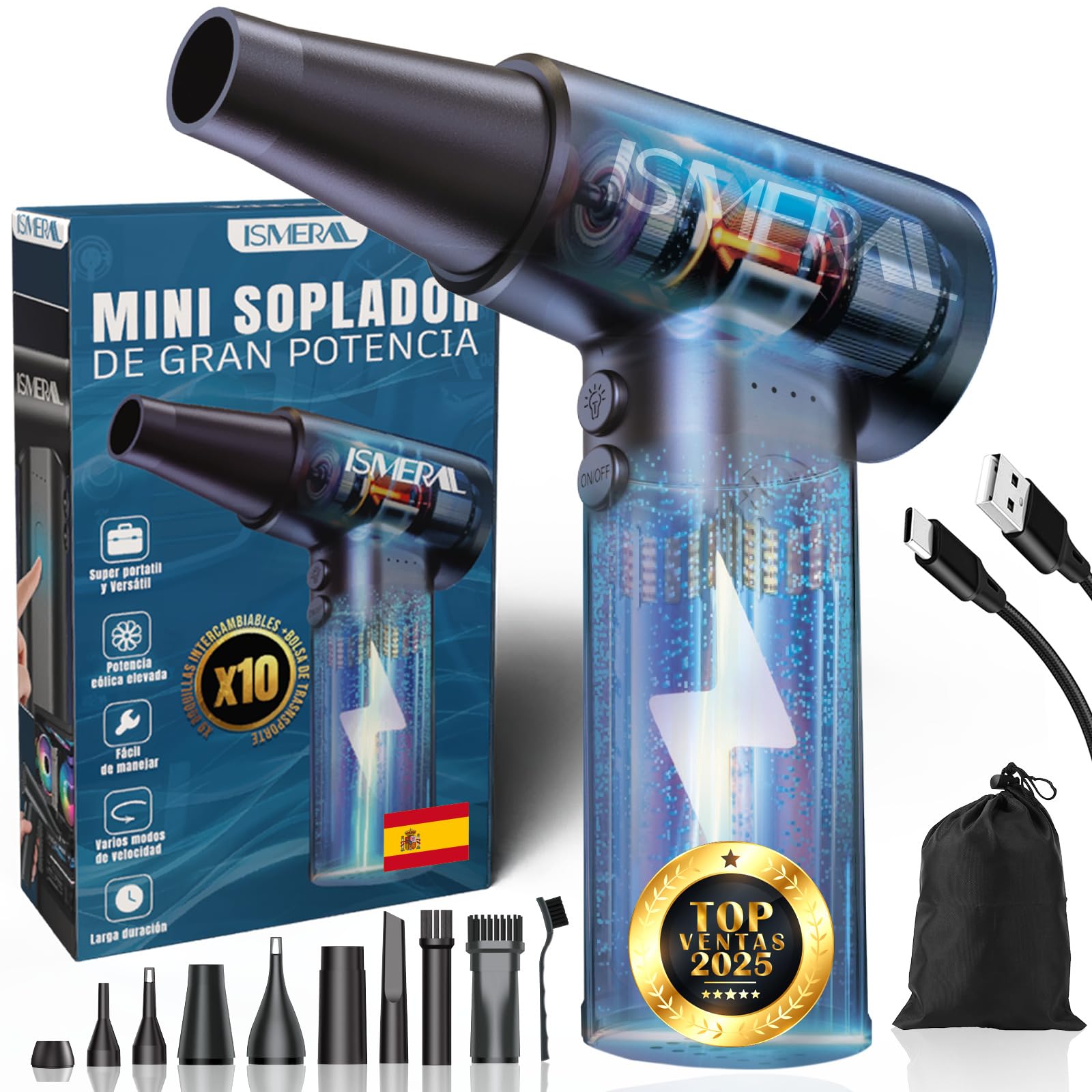 SÚPER Soplador De Aire Potente de 150000RPM BRUSHLESS ISMERAL® + 9 Boquillas + Cepillo + Bolsa de Transporte | Soplador Bateria 6000mAh | Aire Comprimido Limpieza pc | Soplador De Aire para pc |