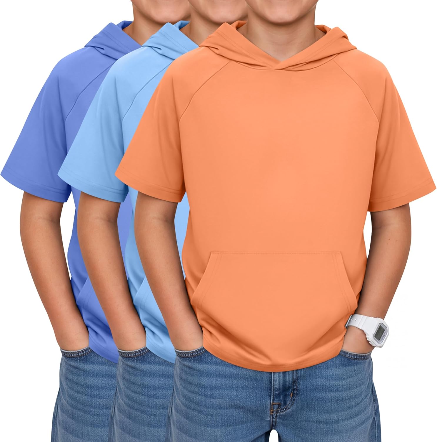 Xaatren 3 Pack Boys Short Sleeve Hoodie Kids Summer Hooded Pullover Shirts with Pocket Teen Athletic Hoodie Sweatshirt