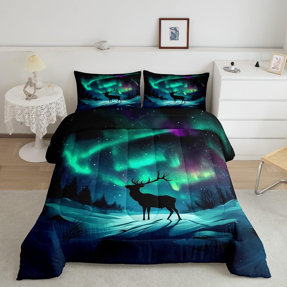 Erosebridal Aurora Deer Comforter Set Queen Size,Northern Lights Bedding Set for Kids Adults,Farmhouse Cabin Deer Quilt Bed Set Starry Night Nature Bed Comforter Sets with 2 Pillowcases Room Decor image 2