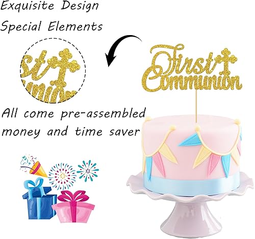Miniatura 3 de Decoración de pastel de primera comunión con purpurina dorada – Decoración de pastel de primera comunión para niños – Decoración de pastel de Dios
