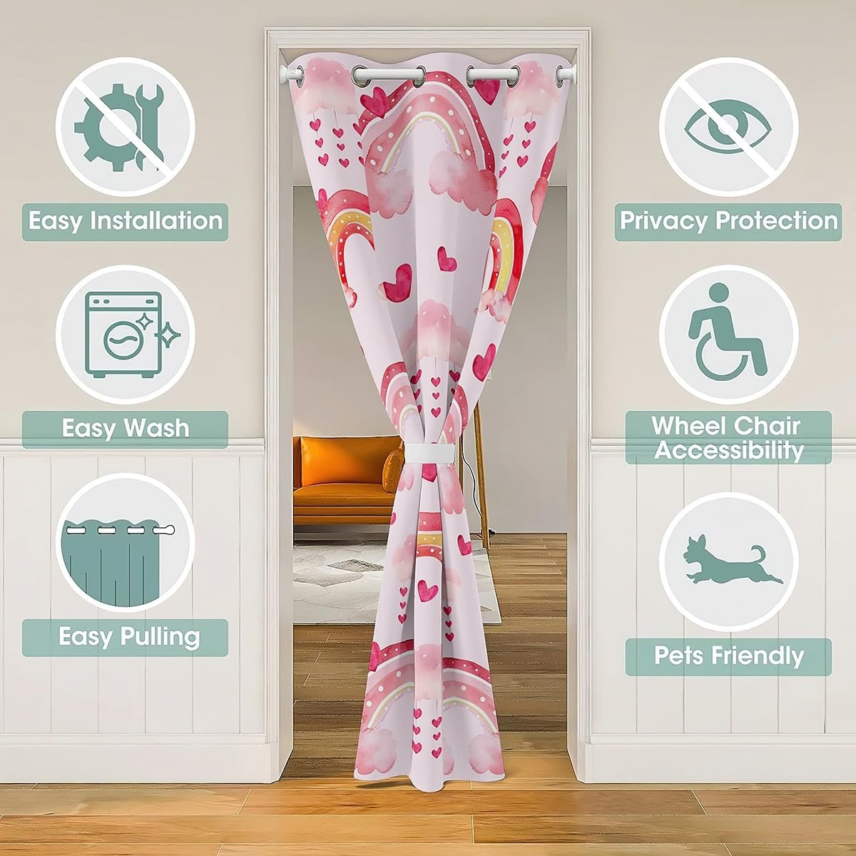 Manfei Cartoon Rainbow Door Curtain 80"×60" 1 Panel,Watercolor Pink Rainbow Sky Clouds Paint Doorway Curtain for Bedroom,Romantic Love Hearts Kawaii Closet Door Curtain for Kids Adults