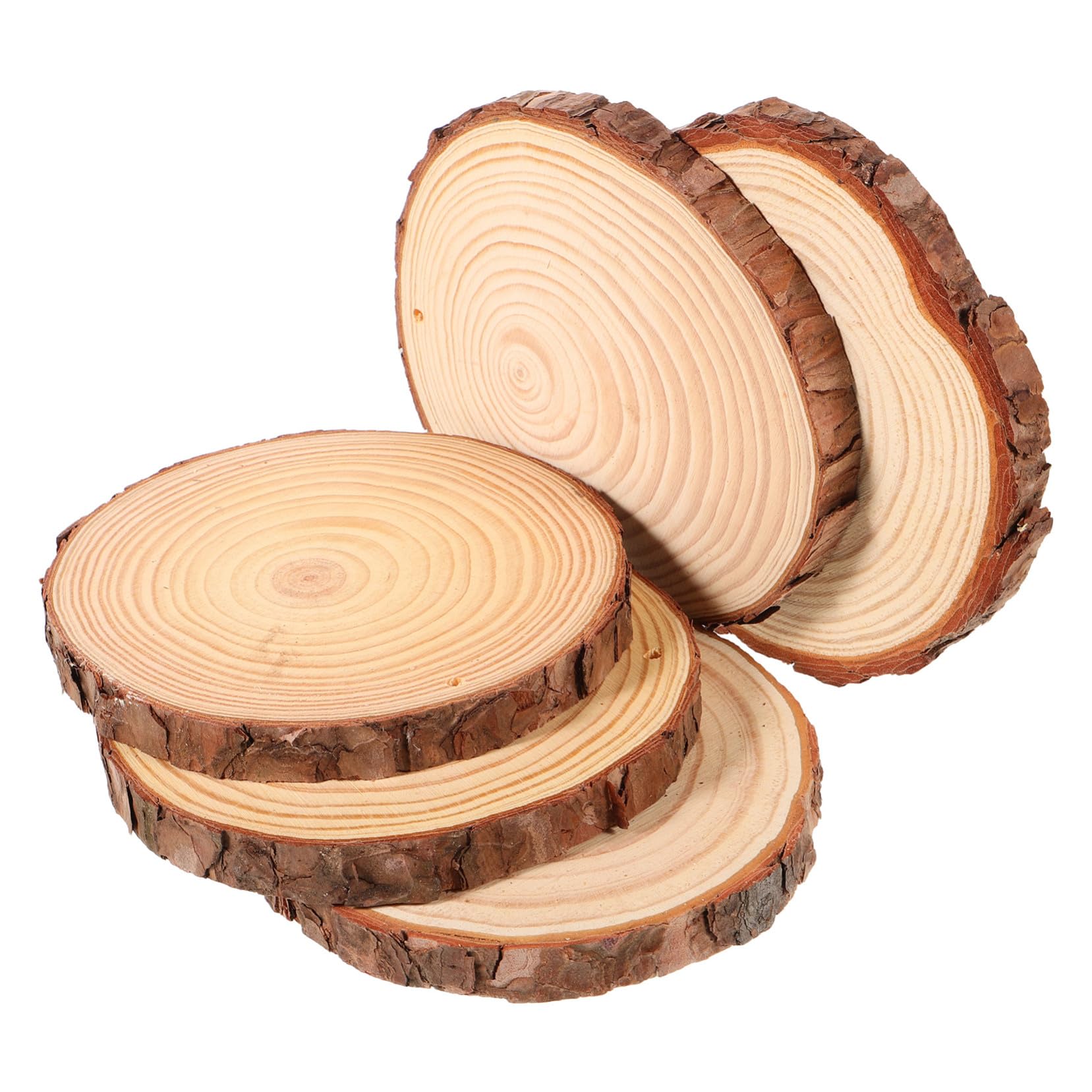 TEHAUX 5 Stück Holzscheiben zum Basteln Kiefernholz mit Rinde Unbehandelte Holzscheiben für DIY Dekorationen Hochzeiten Wohnkultur und Fotorequisiten