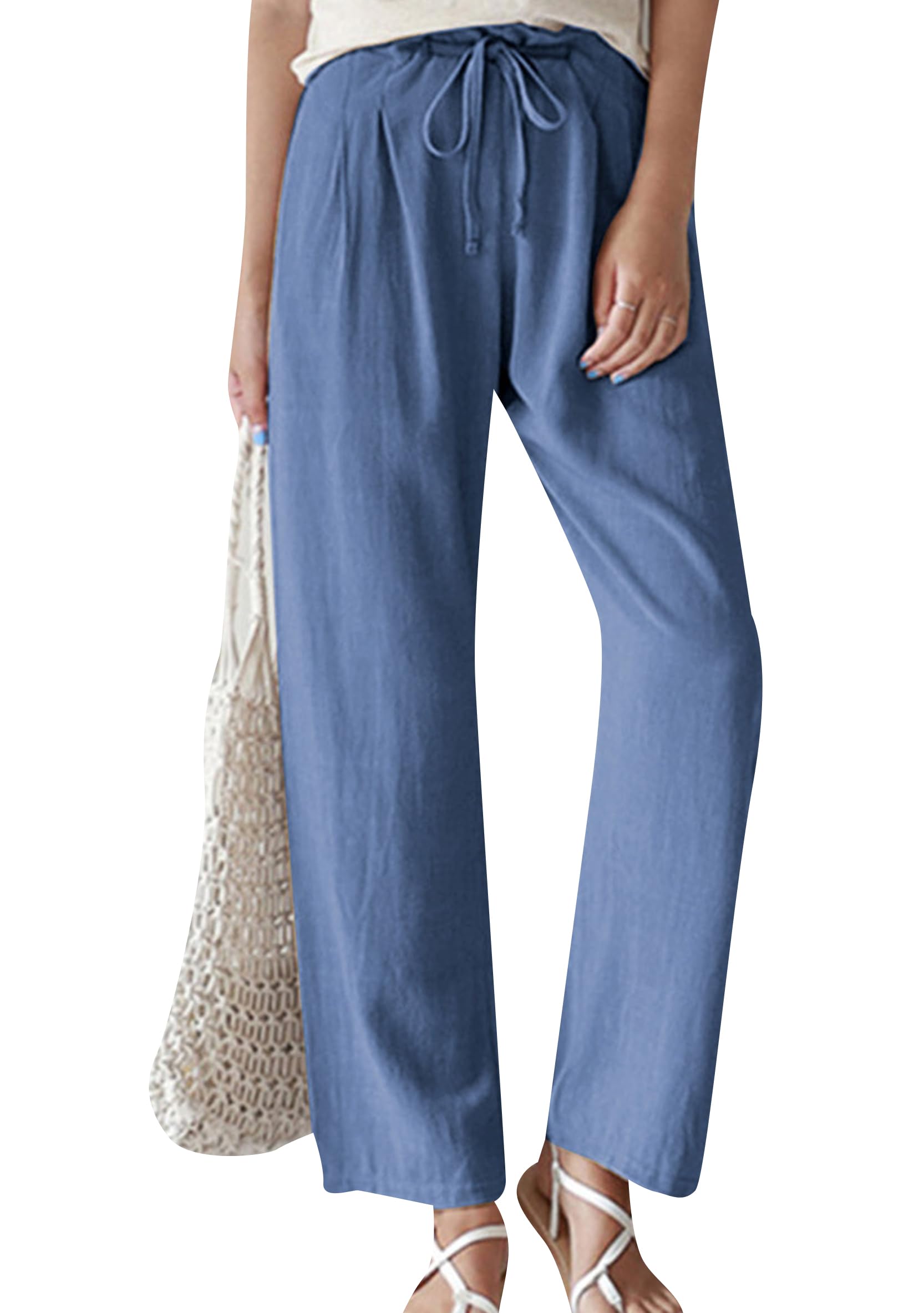 WIWIQS Womens High Waisted Oceanside Pants Solid Drawstring Lightweight Long Trousers with Pockets