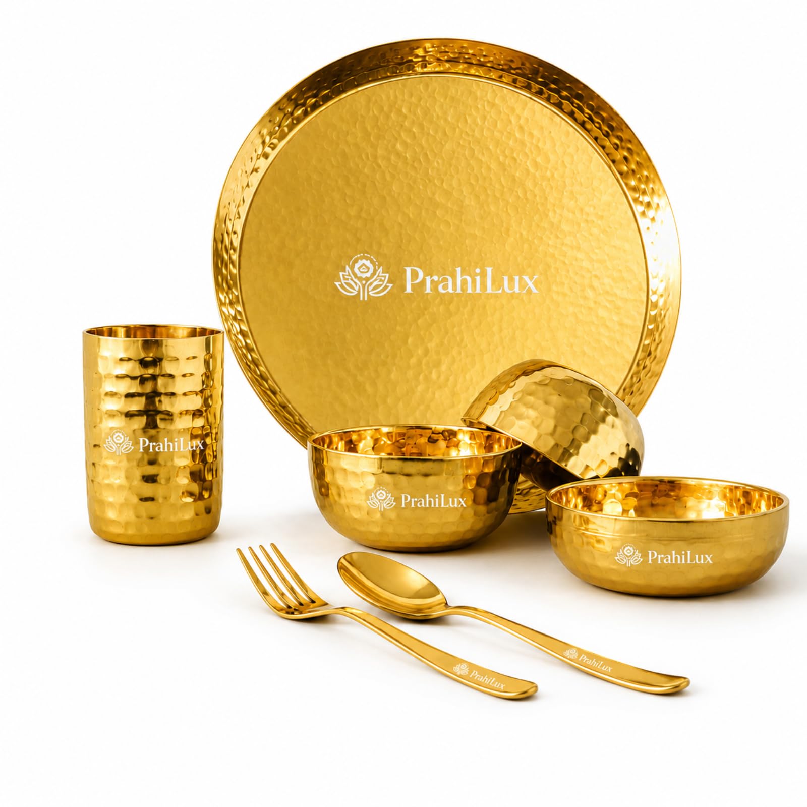 7 Pcs Hammered Gold PVD Stainless Steel Dinner Set for 1 | Premium Mirror Finish Thali Set with 1 Thali, 2 Bowls, 1 Halwa Plate, 1 Glass, 1 Spoon & 1 Fork | Luxury Dining Set-image-49
