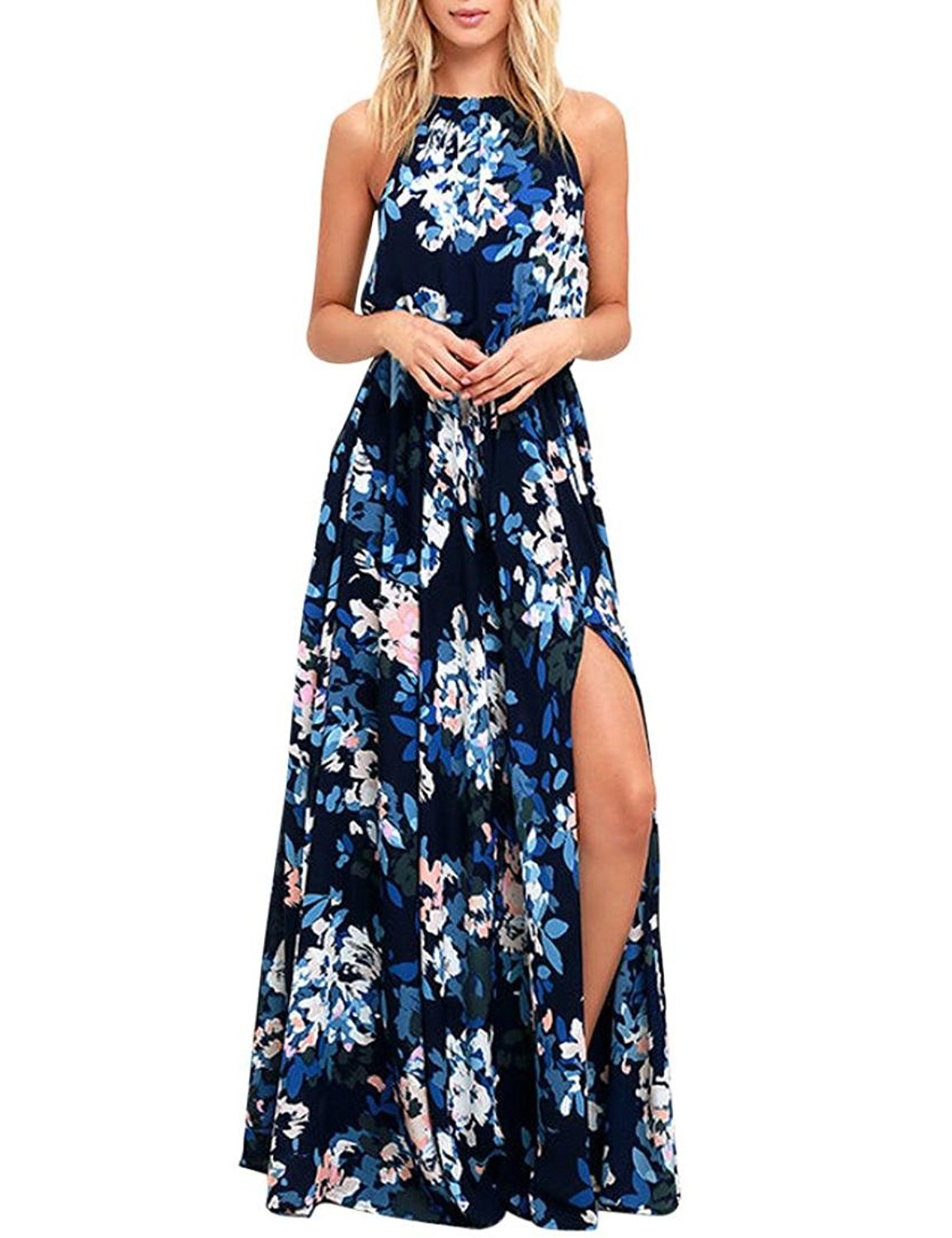 chuangminghangqi Vestido largo de verano para mujer, vestido largo con espalda descubierta, estilo vintage, cuello halter noche, fiesta, cóctel elegante