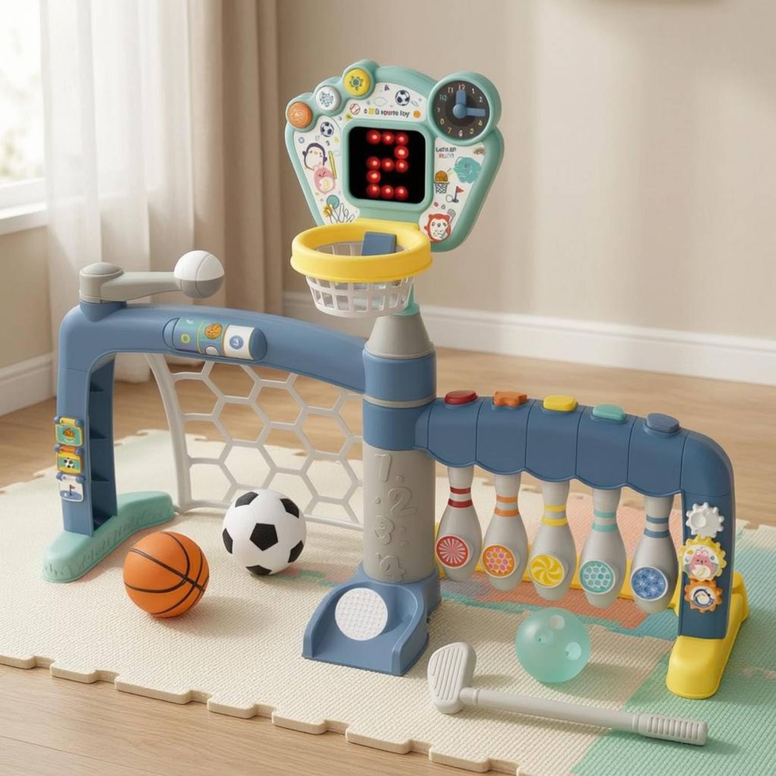 Gioco Sportivo 5 in 1 Multiattività Stazione da Basket e Base di Gioco Stabile Set Bowling Calcio per Bambini