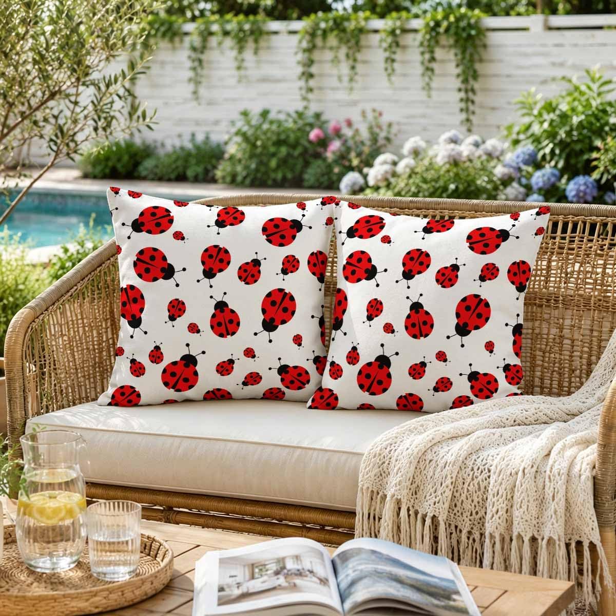 Couch Pillow Covers 18x18 Inch,Red Ladybug,2 PCS Soft Polyester Throw Pillow Covers Protect for Bed，Chair，Living Room，Boho Farmhouse Home Decoration image 5