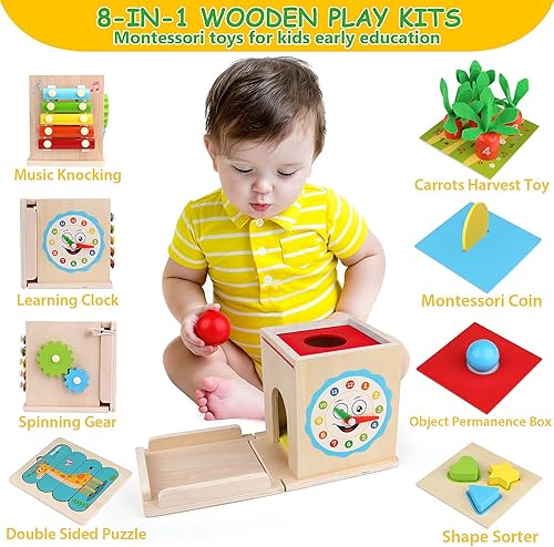 Miniatura 2 de Juguetes Montessori de madera 8 en 1 para bebé, kit de juego de madera incluye caja permanente de objetos, caja de monedas, cosecha de zanahoria,
