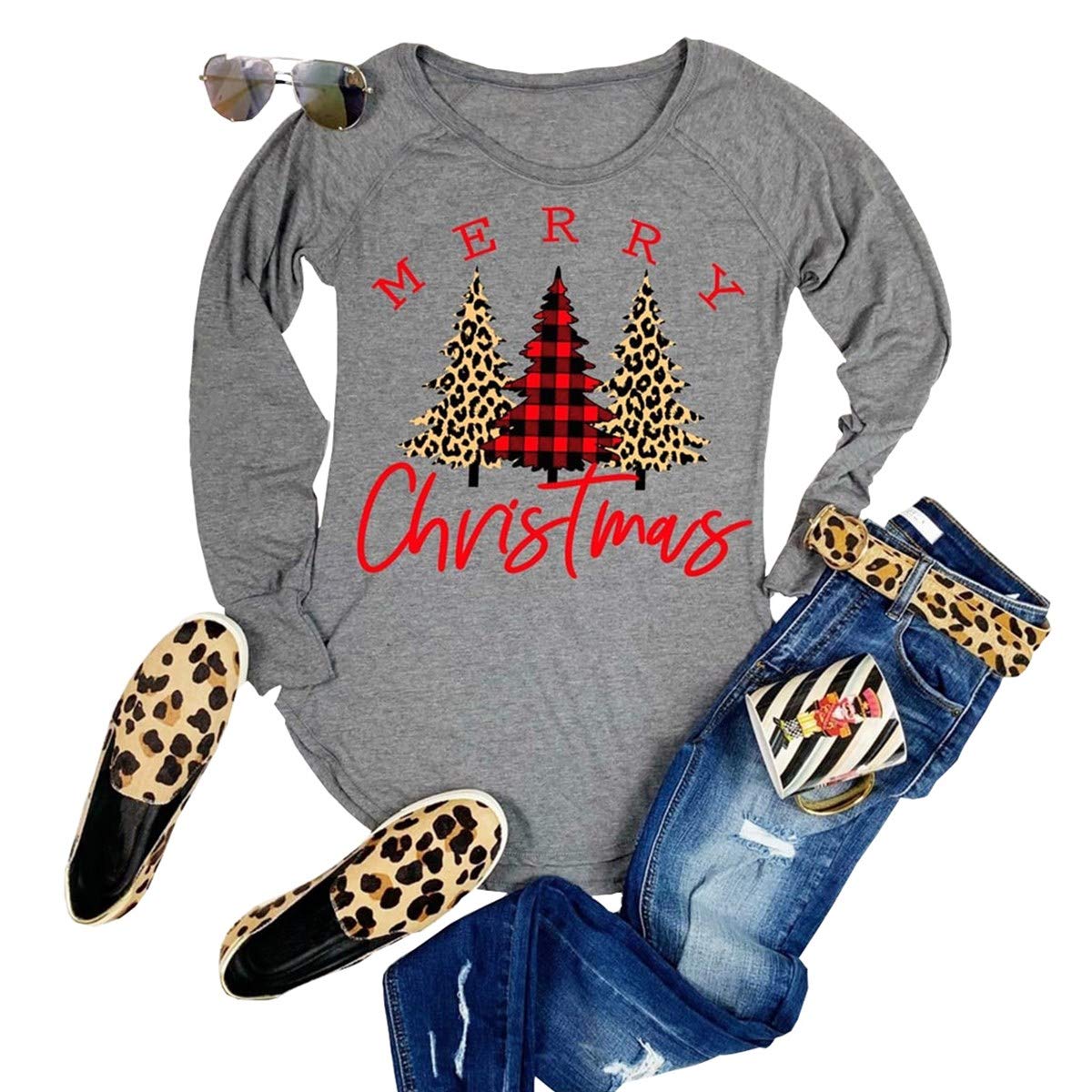 Womens Long Sleeve Christmas Graphic Tees Casual Letter Printed T-Shirts Tops